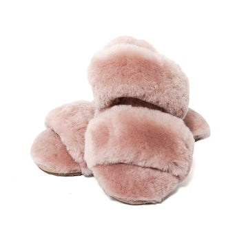 Women's Sheepskin Slippers Two Band Slides Pink 100% natural Australian merino sheepskin House Slippers